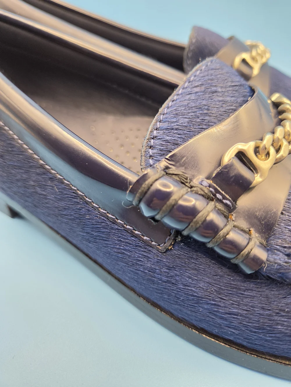 Men's Navy Blue Leather & Haircalf Loafers with Chain Detail WEEJUNS